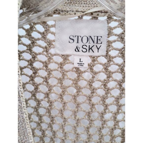 Stone & Sky Open Knit Cardigan Women's Sz L Tan/Gold Button up Long Sleeve - Picture 2 of 10